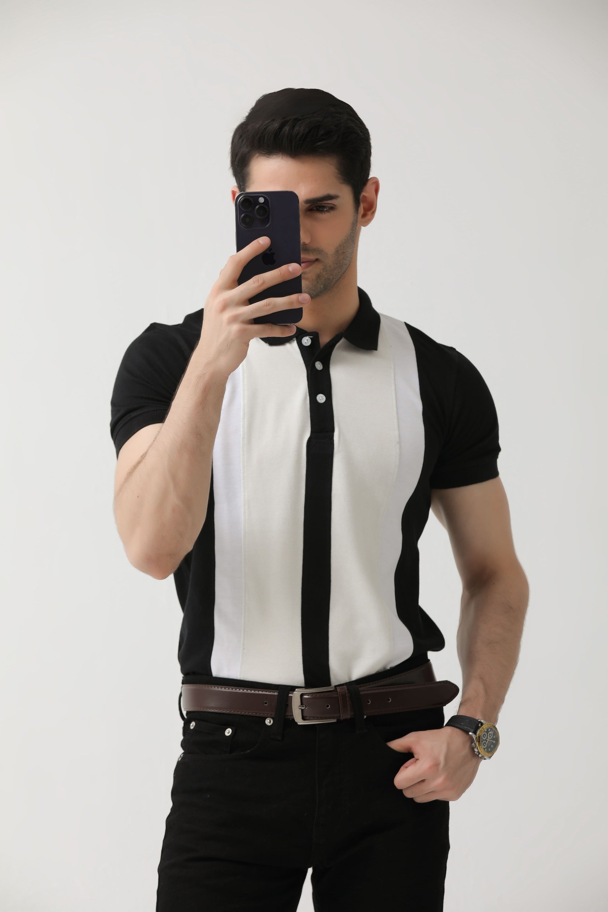 White and Black Striped Polo | Hangwear