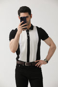 White and black vertical striped polo shirt full length
