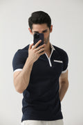Navy zip neck polo shirt zip and collar detail