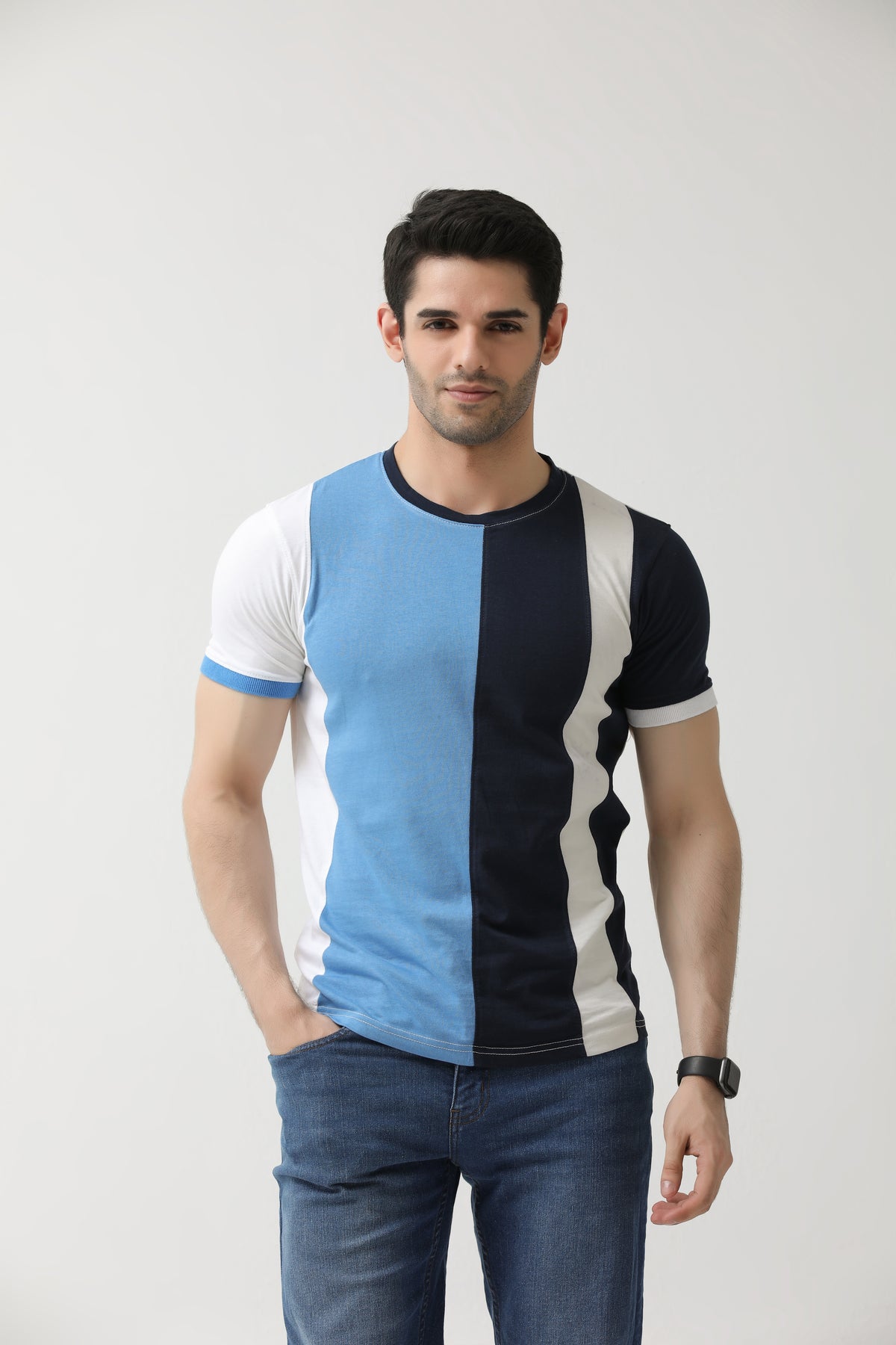 Navy blue colorblock t-shirt for men with sky blue and off white panels